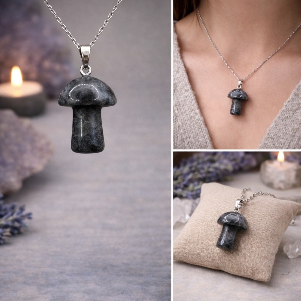 Larvikite Mushroom Pendant Witchy Boho Crystal Necklace Stone Jewelry